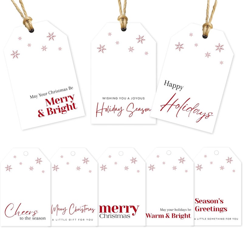 Paper Play Christmas Gift Tags - 80 Modern Text Holiday Tags with String, 8 Minimal Typography Designs - 350gsm Christmas Name Tags for Presents - Image 1